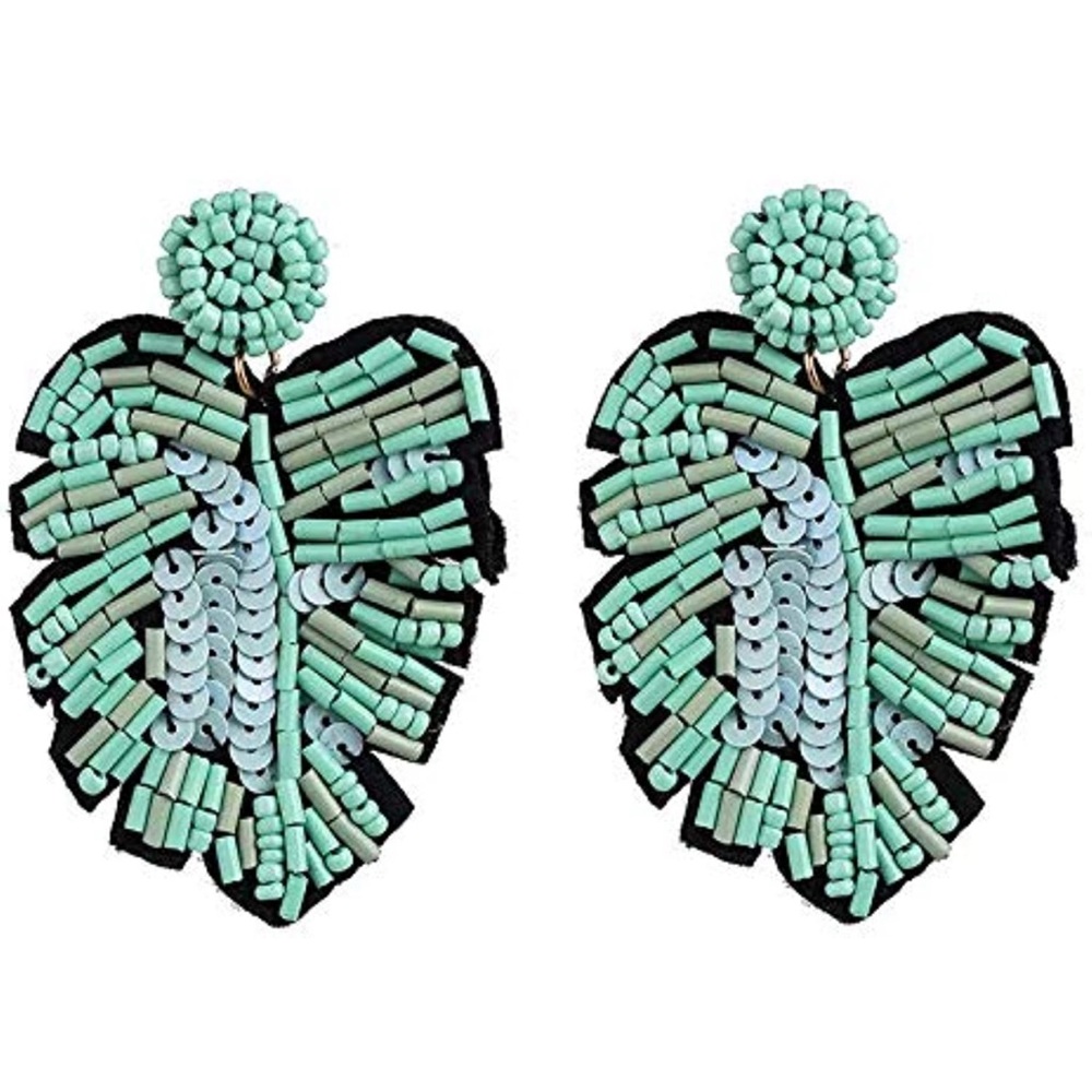 Sequin beaded bohemian leaf statement earrings! NWOT!